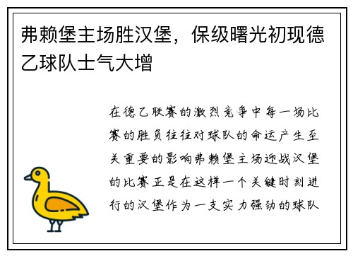 弗赖堡主场胜汉堡，保级曙光初现德乙球队士气大增